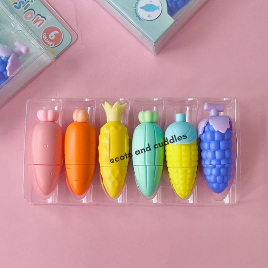 6 Cute Fruit & Veggie Designs Highlighter Set