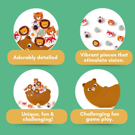Cots and Cuddles Wooden Animals on Bear Balancing Toy for kids 3+