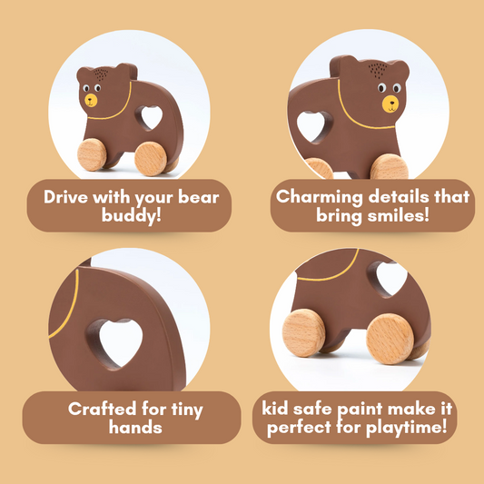 Cots and Cuddles Wooden Bear with Wheels Toy for Kids Age 1+