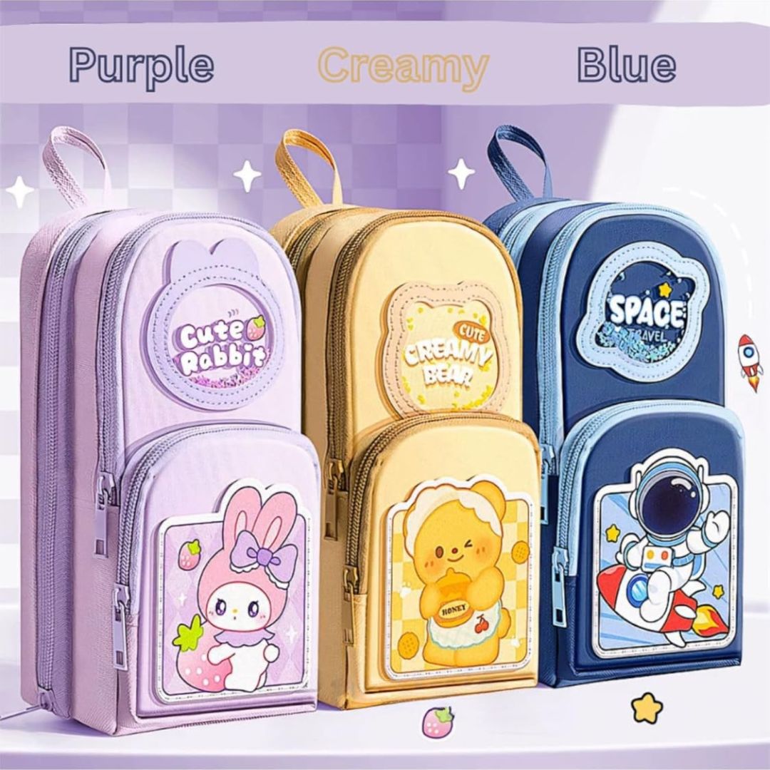 Cute Design 3-Compartment Pencil Pouch with Handle
