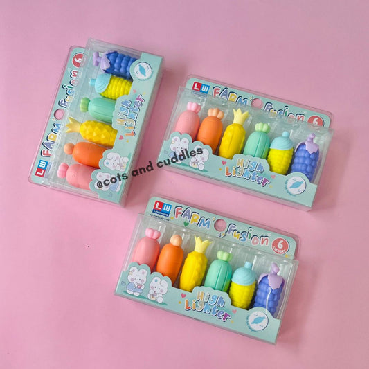 6 Cute Fruit & Veggie Designs Highlighter Set