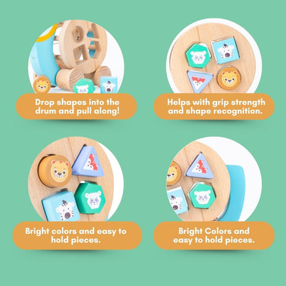 Cots and Cuddles Wooden Pull Along Sloth with Shape Sorter for Kids