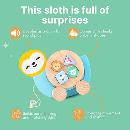 Cots and Cuddles Wooden Pull Along Sloth with Shape Sorter for Kids