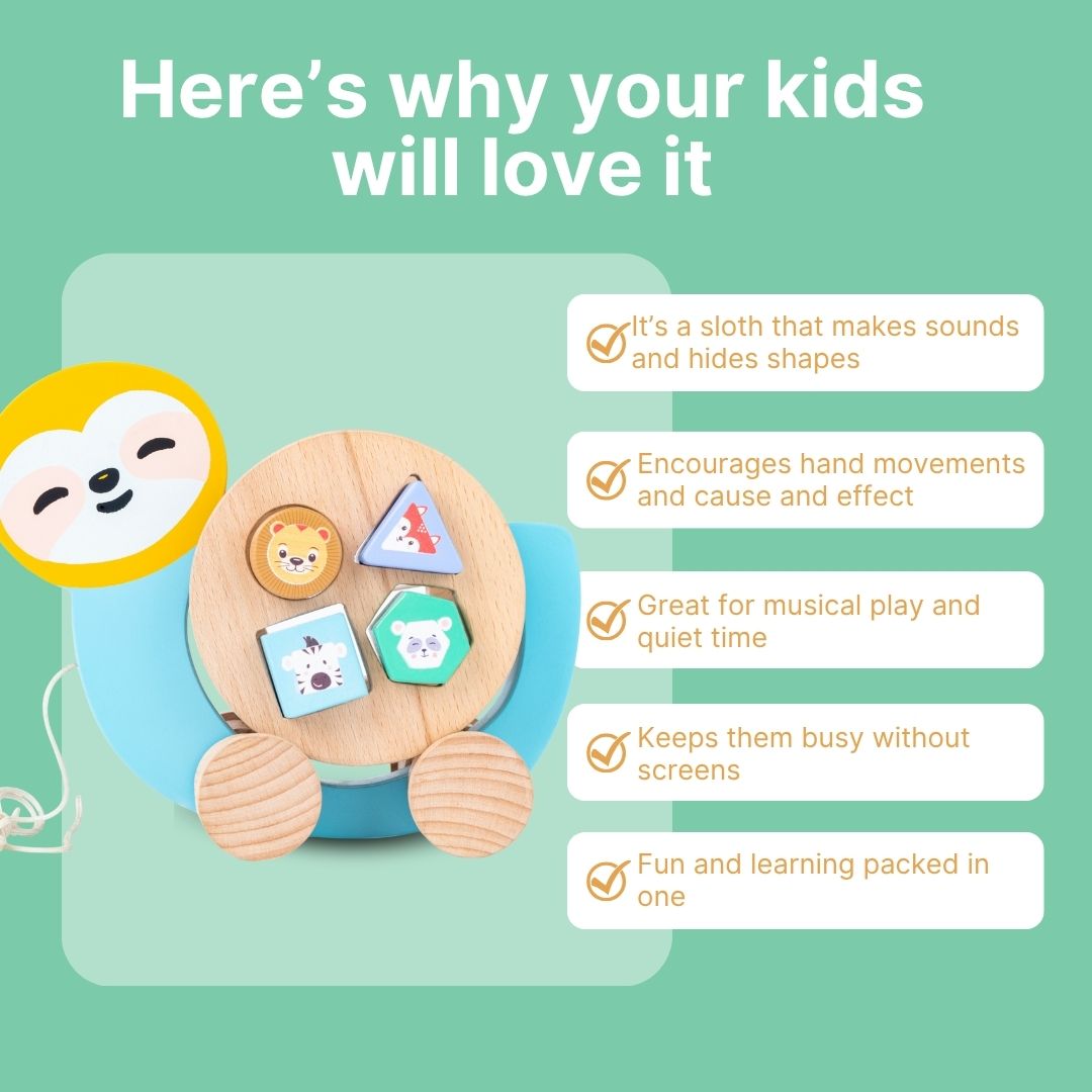 Cots and Cuddles Wooden Pull Along Sloth with Shape Sorter for Kids