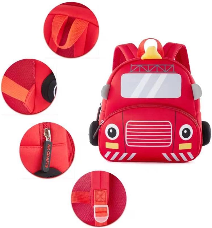 Cute Cartoon Fire Engine Soft Plush Backpack with Front Pocket for Kids (RED)