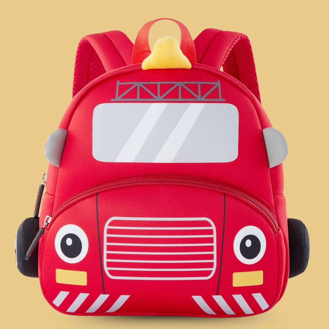 Cute Cartoon Fire Engine Soft Plush Backpack with Front Pocket for Kids (RED)