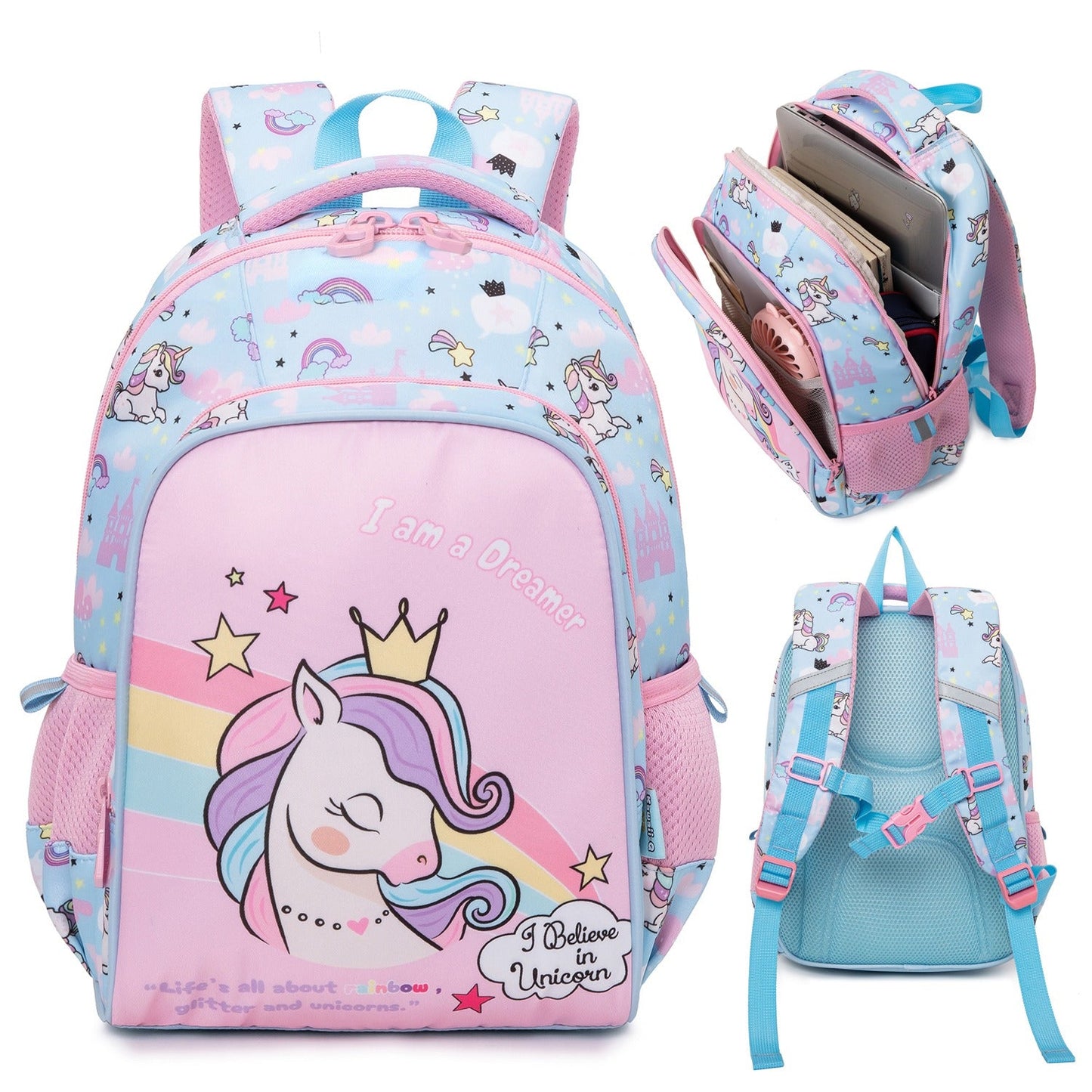 Unicorn Design Backpack for Kids (Pink-Blue)