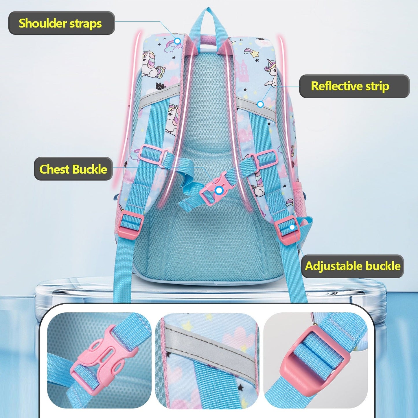 Unicorn Design Backpack for Kids (Pink-Blue)