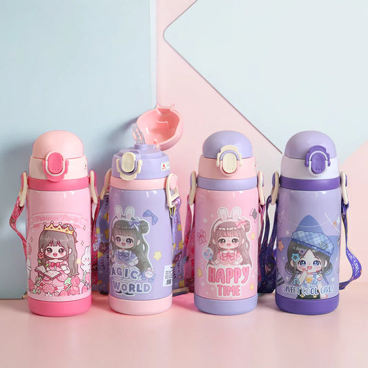 Double Cap Girl Design Stainless Steel Water Bottle - 450ml