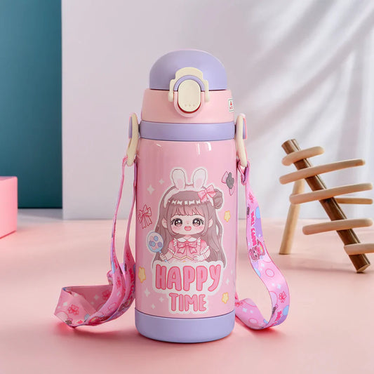 Double Cap Girl Design Stainless Steel Water Bottle - 450ml