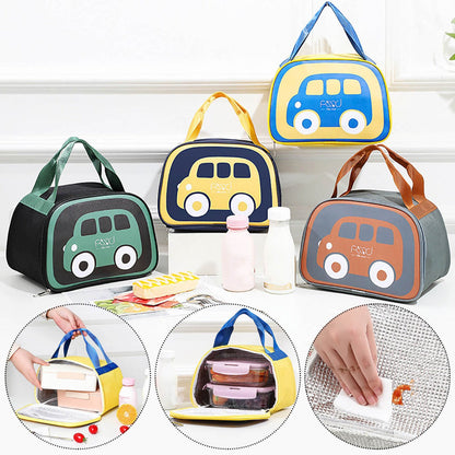 Car Print Insulated Lunch Bag with front open zip (Navy Blue Yellow)