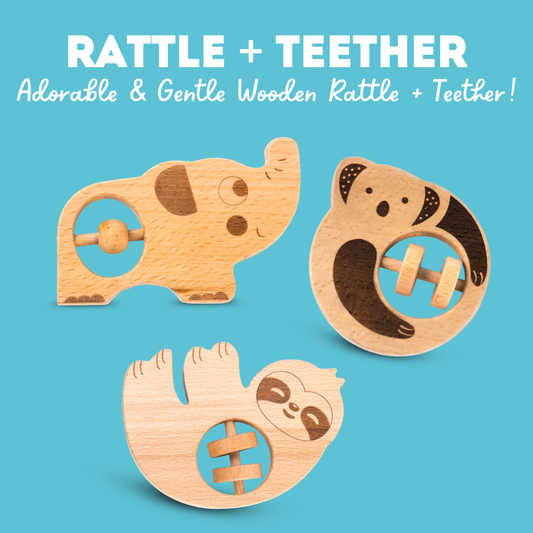 Cots and Cuddles Wooden Animal Rattle Toy for Babies & Newborns (1pc)