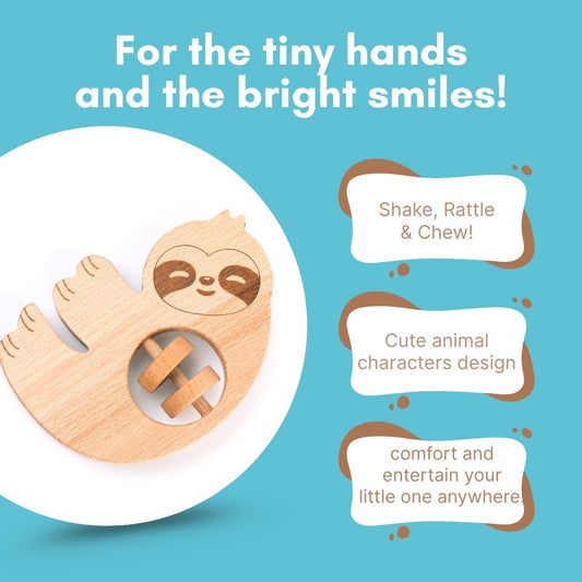 Cots and Cuddles Wooden Animal Rattle Toy for Babies & Newborns (1pc)