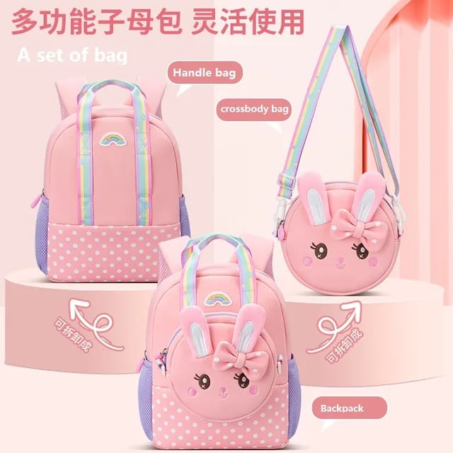 Cute Rabbit with Bow Design Backpack with Removable Front Pocket to Side Bag with Strap for Kids