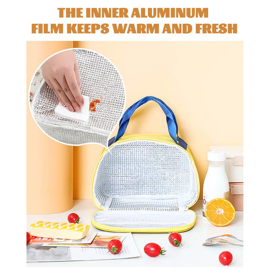 Car Print Insulated Lunch Bag with front open zip (Navy Blue Yellow)