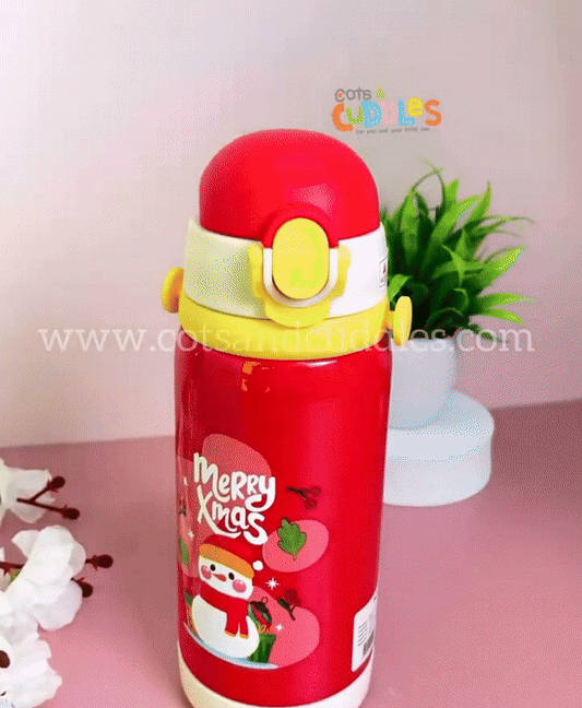 Christmas Theme Double Cap Stainless Steel Water Bottle - 450ml