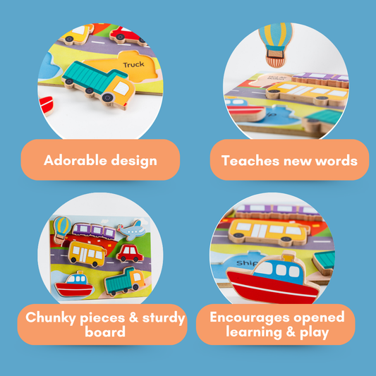 Cots and Cuddles Wooden Vehicle Shapes Chunky Match Puzzle