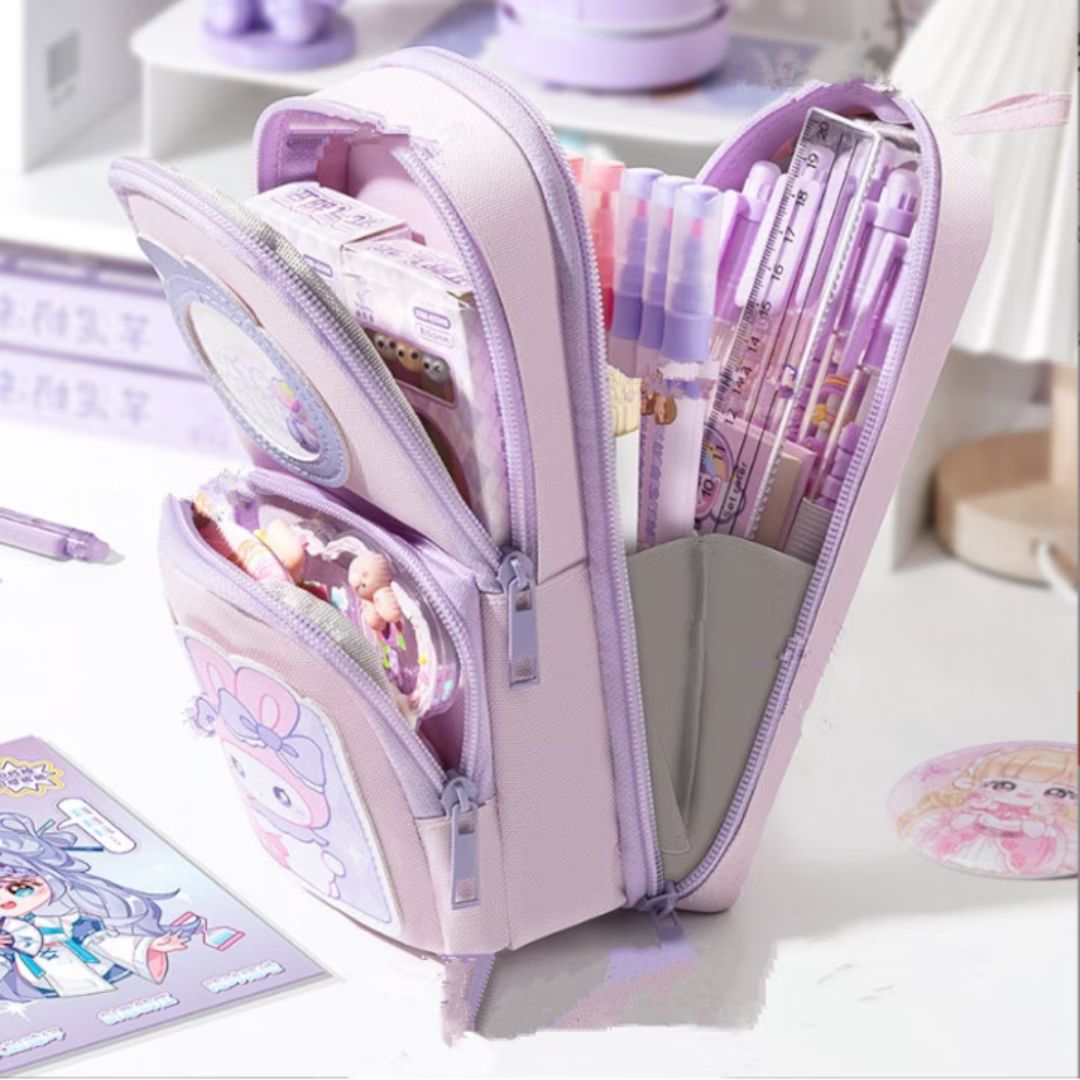 Cute Design 3-Compartment Pencil Pouch with Handle